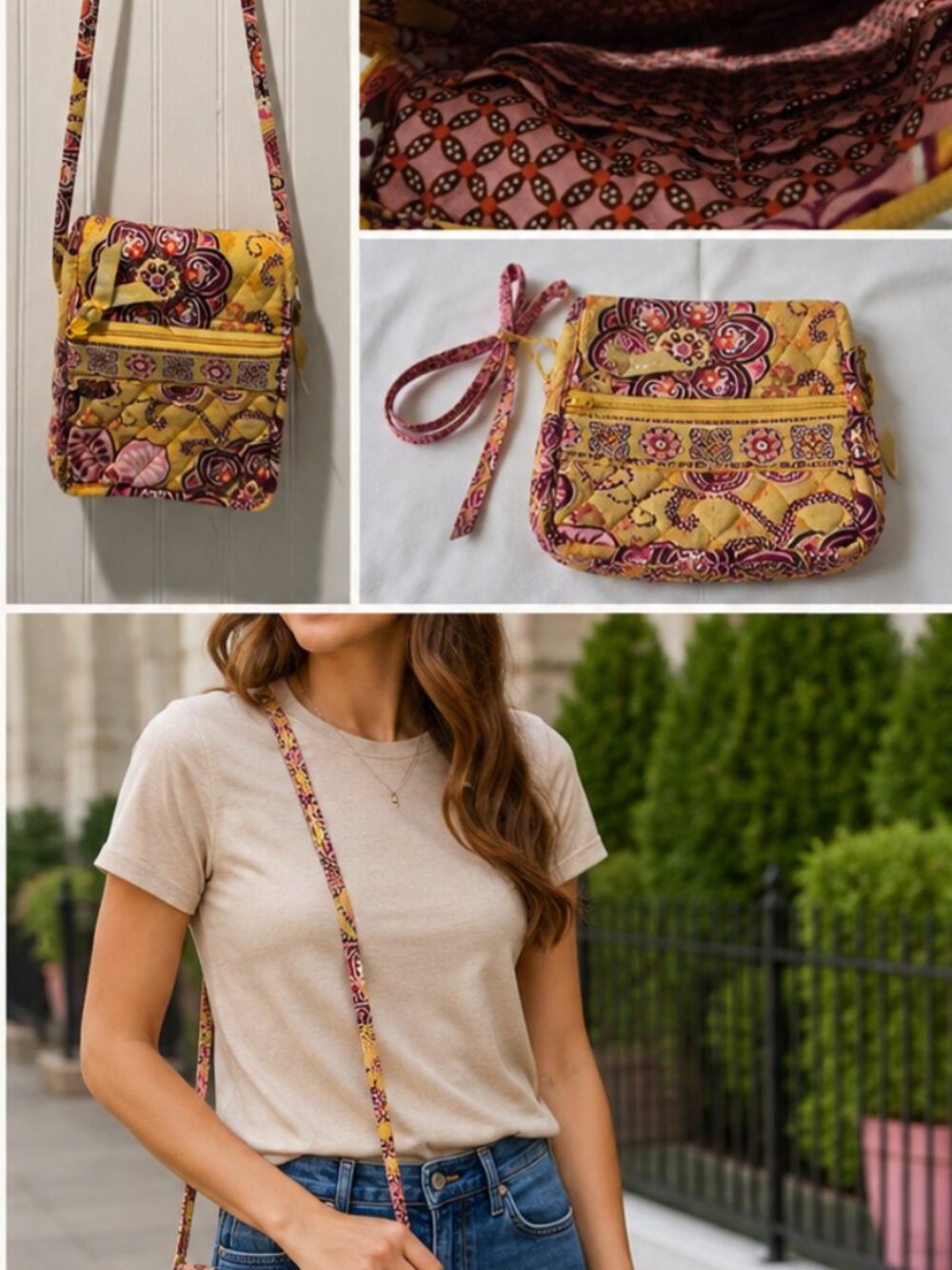 Vera Bradley Quilted Floral Crossbody Bag Yellow Purple Pink | 8" x 6" | - Picture 2 of 13